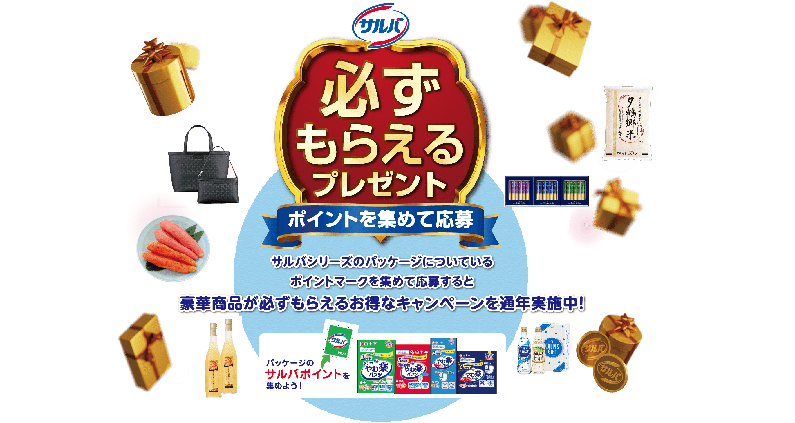 必ずもらえるプレゼント ポイントを集めて応募 サルバシリーズのパッケージについているポイントマークを集めて応募すると豪華商品が必ずもらえるお得なキャンペーンを通年実施中！