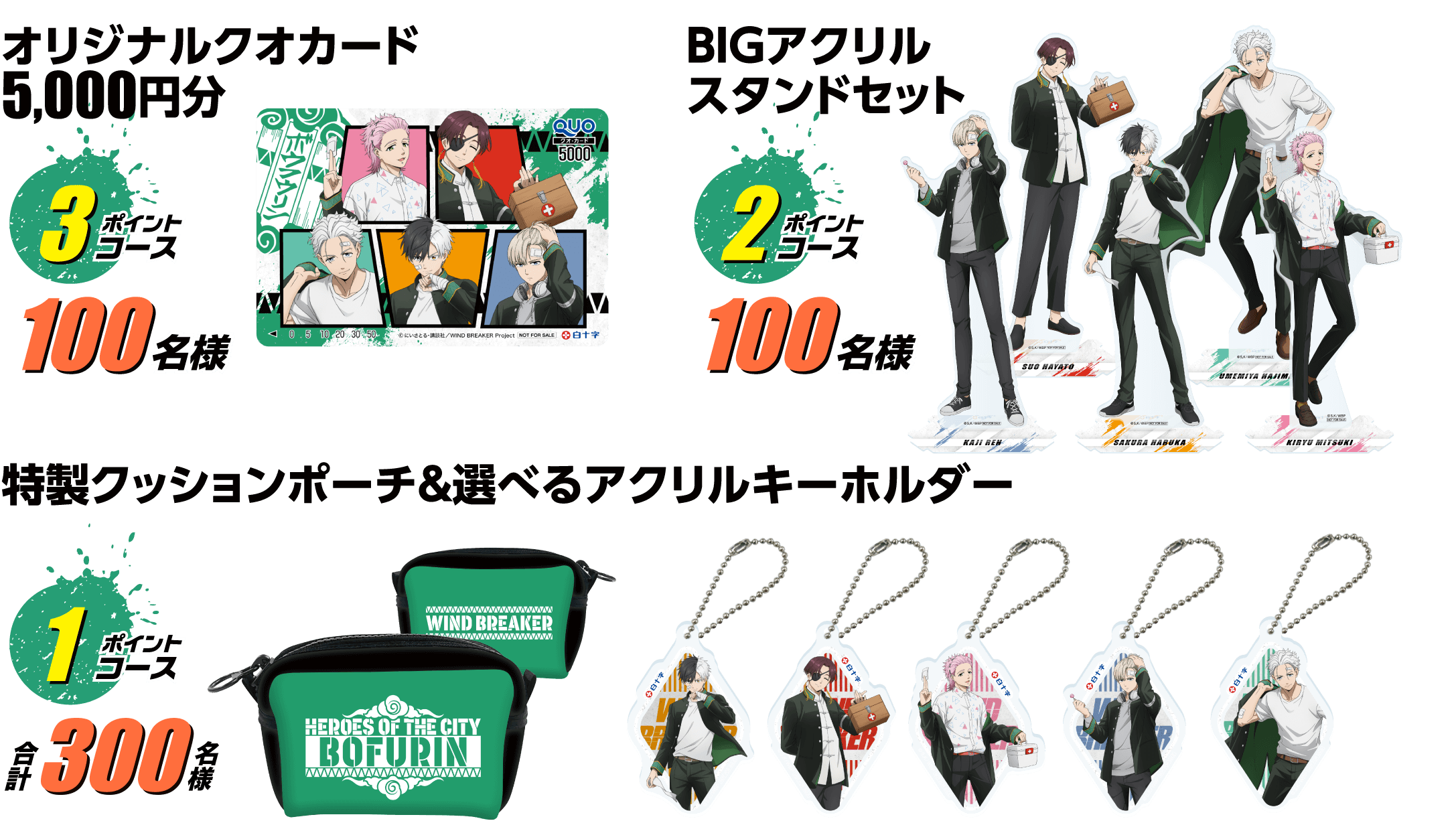 オリジナルクオカード 5,000円分 3ポイントコース 100名様 BIGアクリルスタンドセット 2ポイントコース 100名様 特製クッションポーチ&選べるアクリルキーホルダー 1ポイントコース 300名様