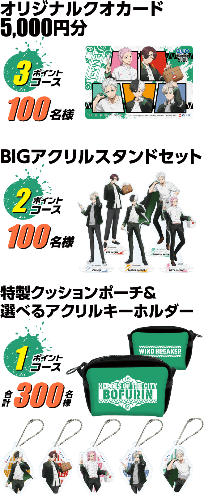 オリジナルクオカード 5,000円分 3ポイントコース 100名様 BIGアクリルスタンドセット 2ポイントコース 100名様 特製クッションポーチ&選べるアクリルキーホルダー 1ポイントコース 300名様