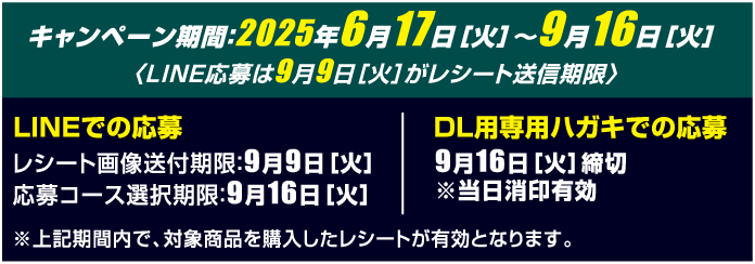 キャンペーン期間：2025年6月17日［火］〜9月16日［火］ 〈LINE応募は9月9日［火］がレシート送信期限〉 LINEでの応募 レシート画像送付期限：9月9日［火］ 応募コース選択期限：9月16日［火］ DL用専用ハガキでの応募 9月16日［火］締切 ※当日消印有効 ※上記期間内で、対象商品を購入したレシートが有効となります。