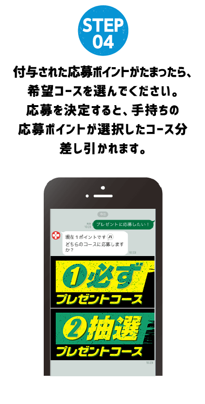 STEP 04 付与された応募ポイントがたまったら、希望コースを選んでください。応募を決定すると、手持ちの応募ポイントが選択したコース分差し引かれます。