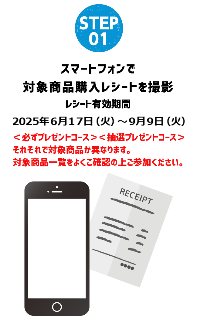 STEP 01 スマートフォンで 対象商品購入レシートを撮影 レシート有効期限 2025年6月17日（月）〜9月9日（月）