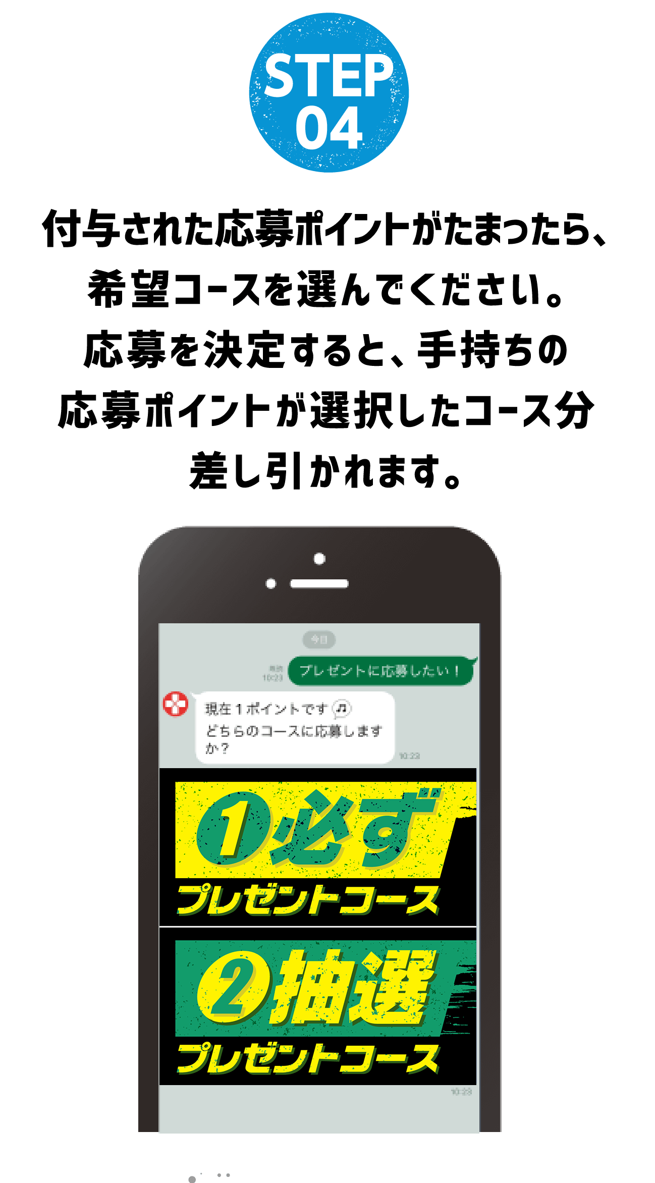 STEP 04 付与された応募ポイントがたまったら、希望コースを選んでください。応募を決定すると、手持ちの応募ポイントが選択したコース分差し引かれます。